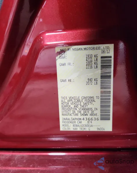 2013 Nissan Altima 2.5 from USA, damaged, VIN 1N4AL3APXDN436636